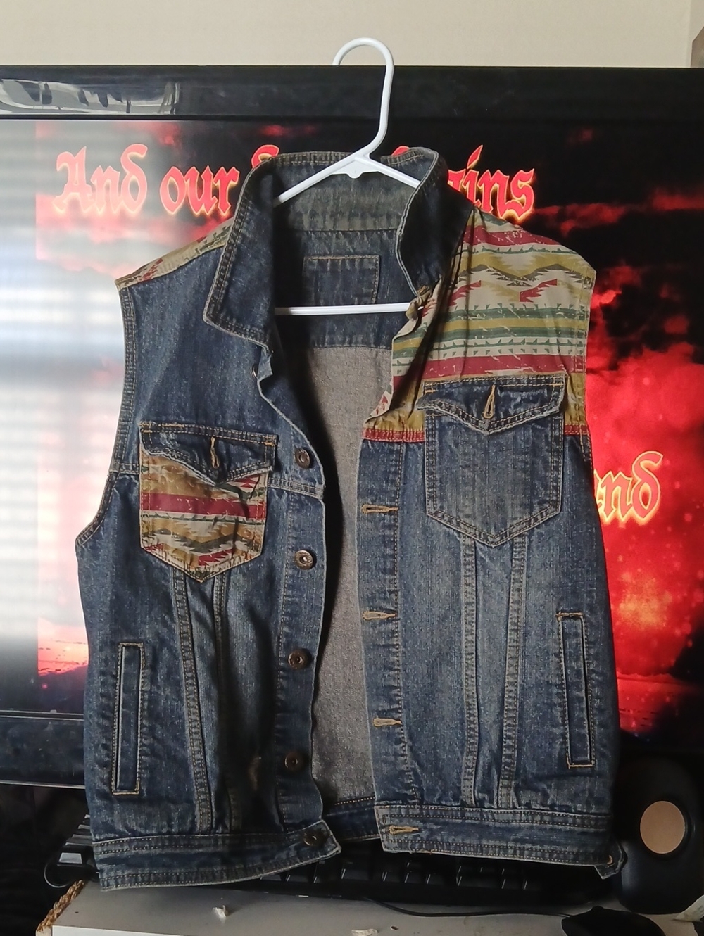 Carbon Blue Denim Vest with Multicolor Aztec Trim